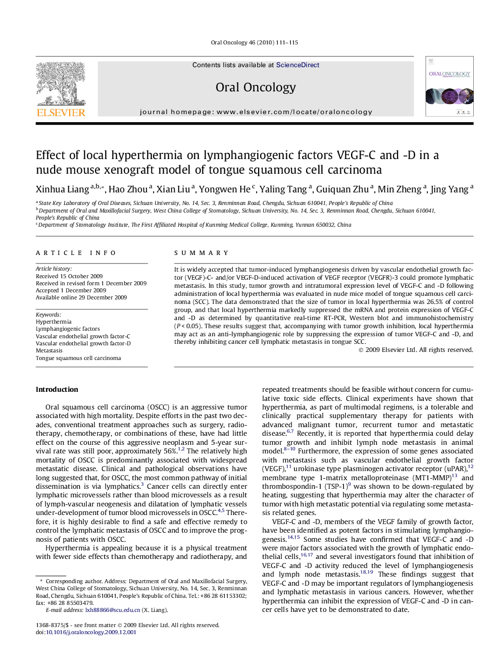 Effect of local hyperthermia on lymphangiogenic factors VEGF-C and -D in a nude mouse xenograft model of tongue squamous cell carcinoma