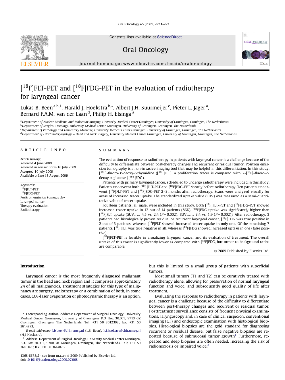 [18F]FLT-PET and [18F]FDG-PET in the evaluation of radiotherapy for laryngeal cancer