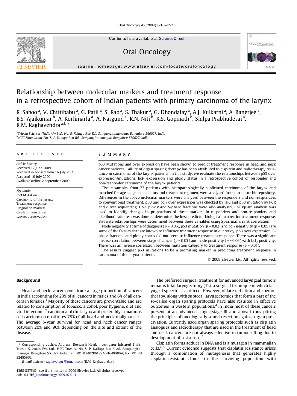 Relationship between molecular markers and treatment response in a retrospective cohort of Indian patients with primary carcinoma of the larynx