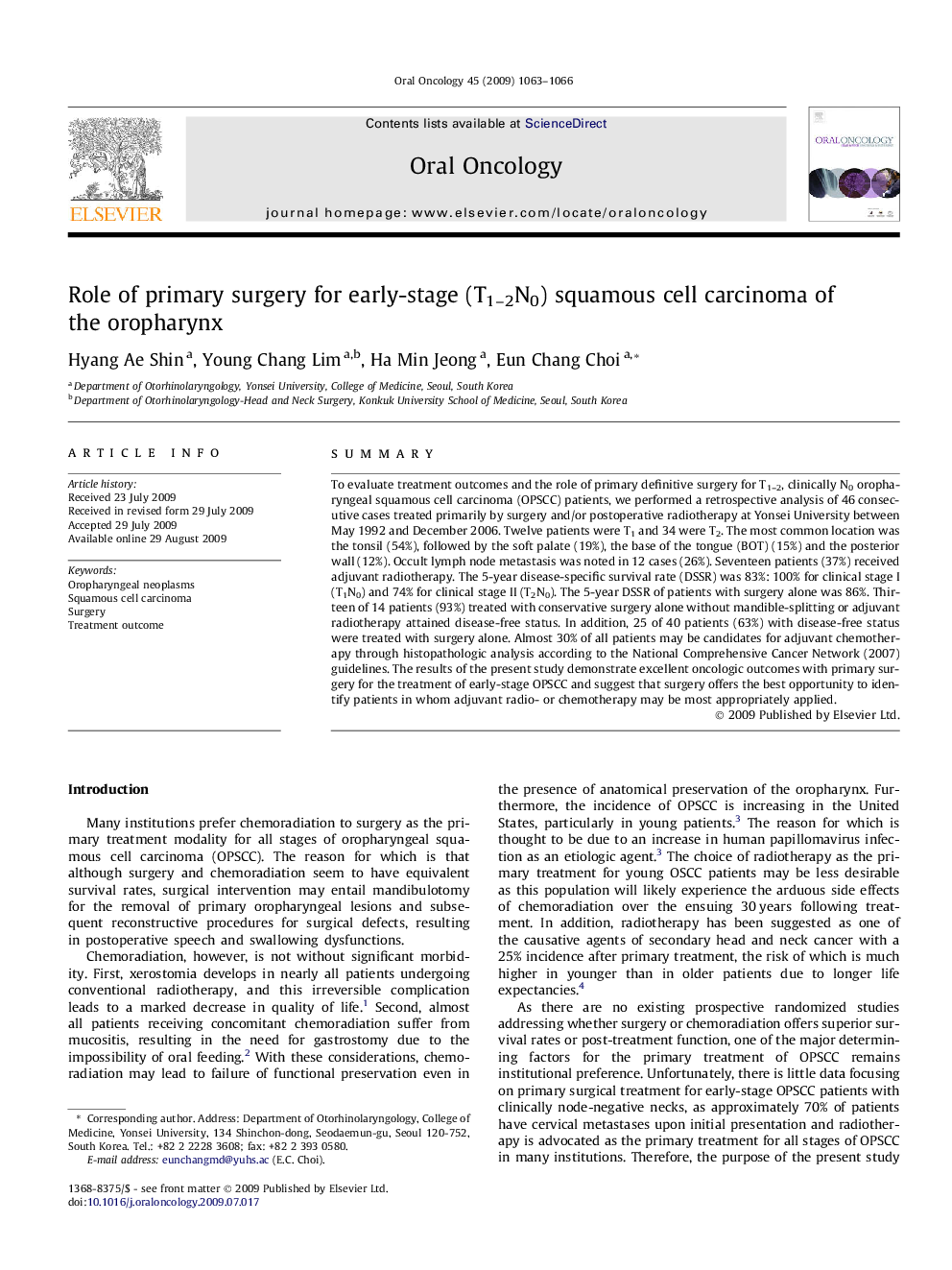 Role of primary surgery for early-stage (T1–2N0) squamous cell carcinoma of the oropharynx