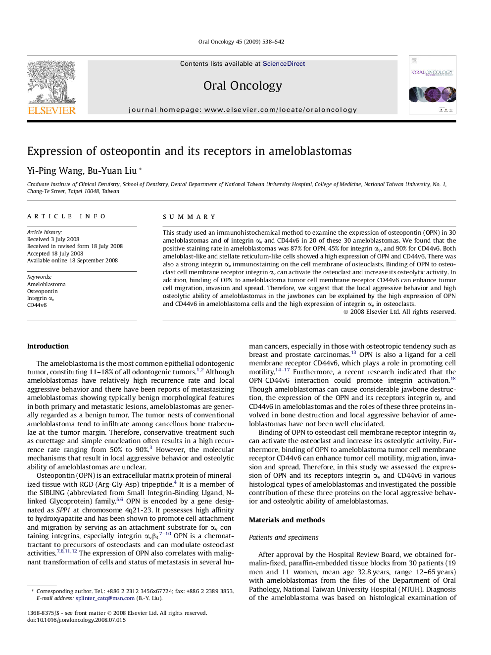 Expression of osteopontin and its receptors in ameloblastomas