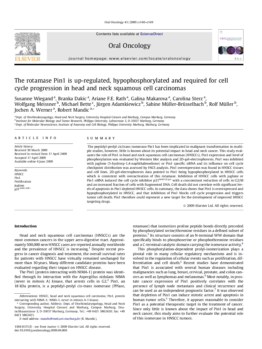 The rotamase Pin1 is up-regulated, hypophosphorylated and required for cell cycle progression in head and neck squamous cell carcinomas