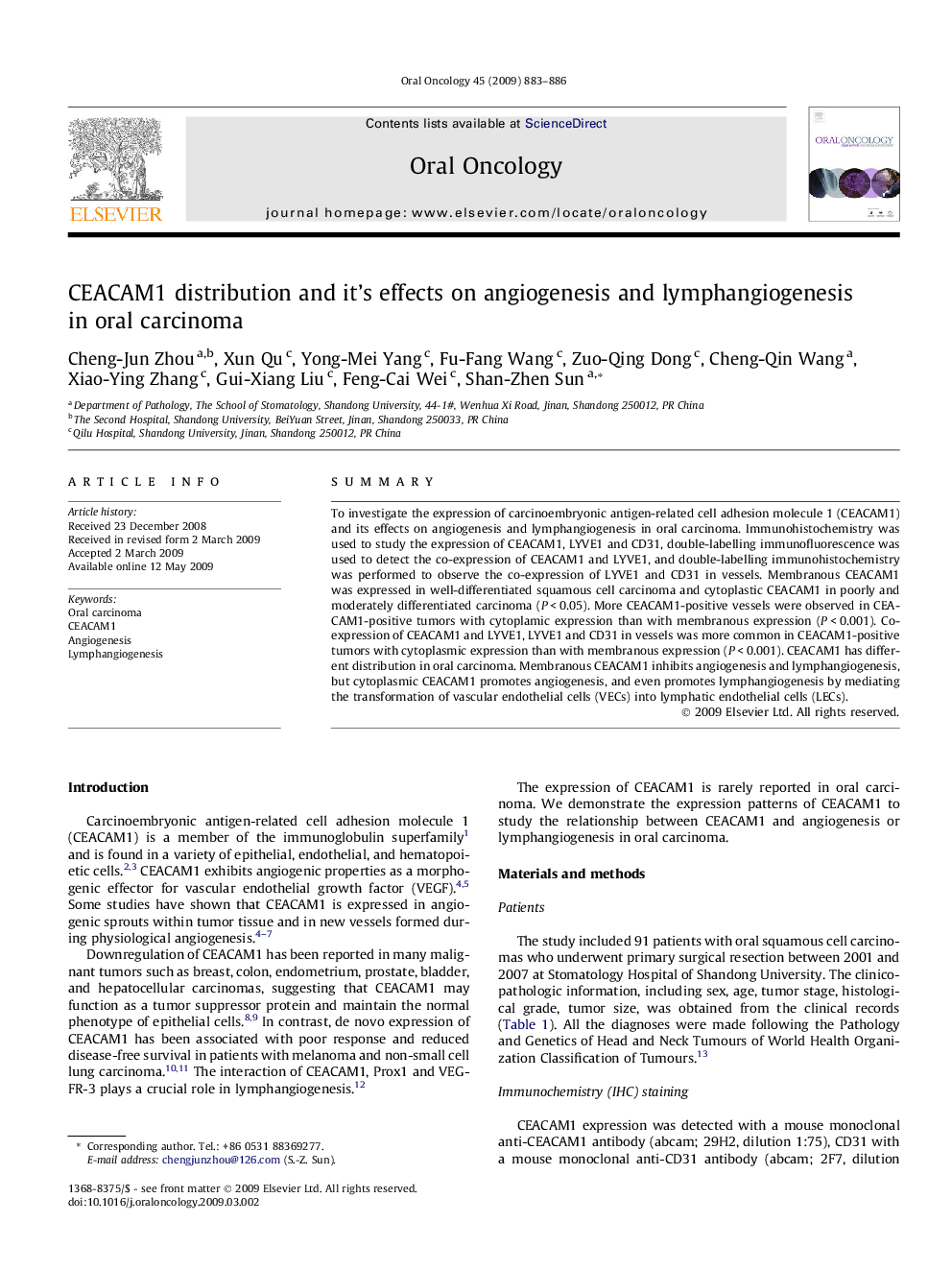 CEACAM1 distribution and it’s effects on angiogenesis and lymphangiogenesis in oral carcinoma