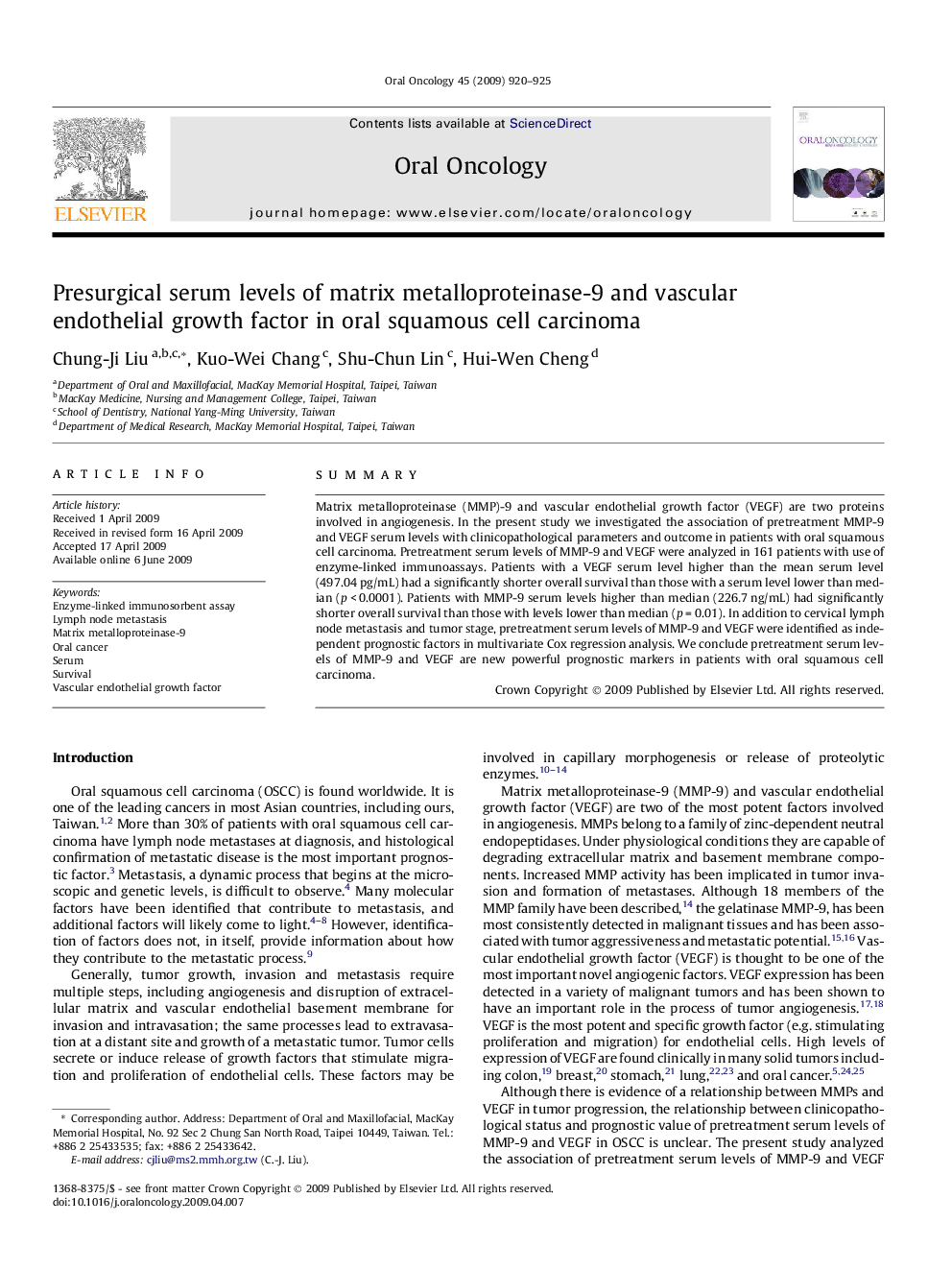 Presurgical serum levels of matrix metalloproteinase-9 and vascular endothelial growth factor in oral squamous cell carcinoma