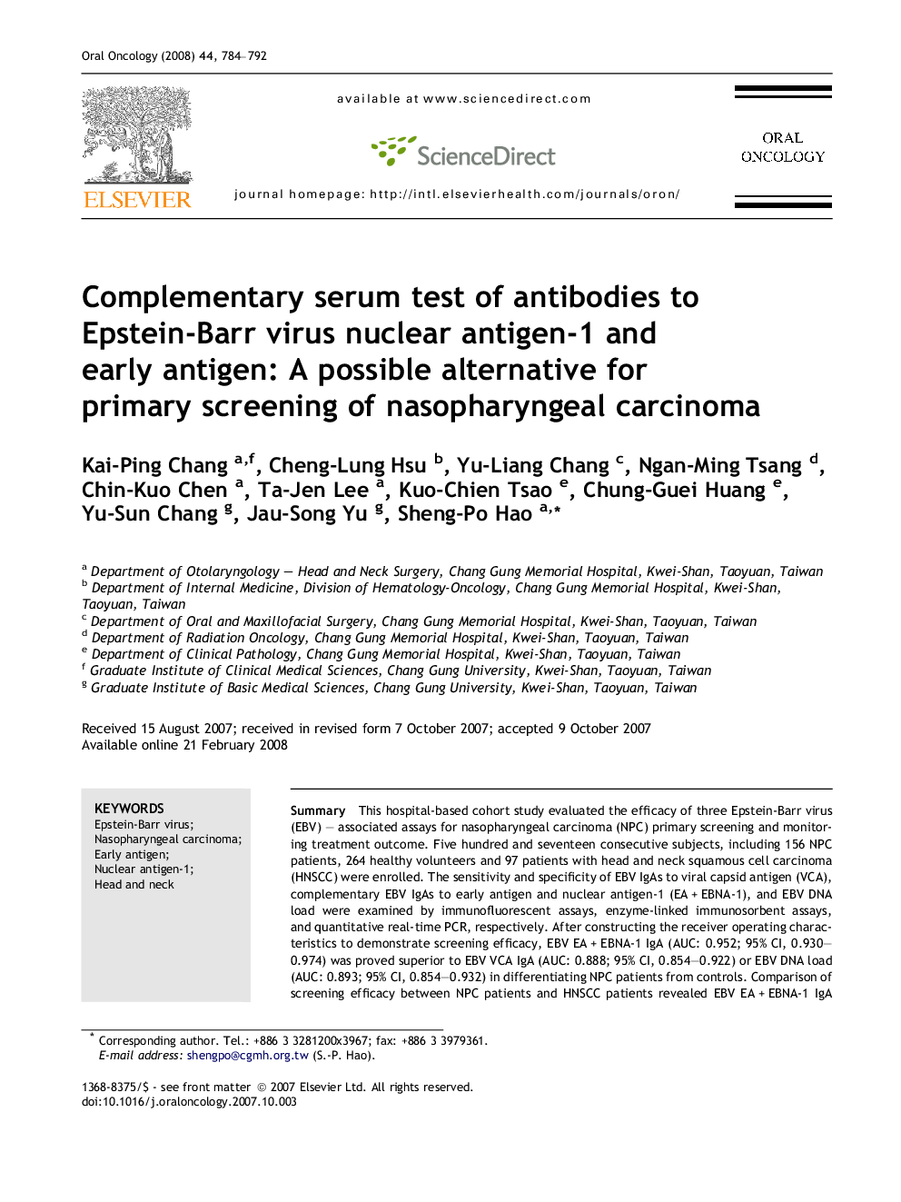 Complementary serum test of antibodies to Epstein-Barr virus nuclear antigen-1 and early antigen: A possible alternative for primary screening of nasopharyngeal carcinoma