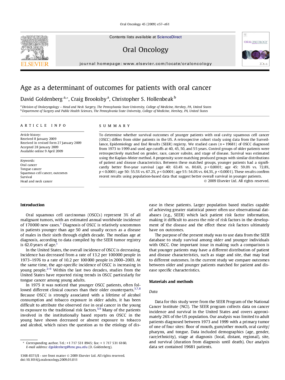 Age as a determinant of outcomes for patients with oral cancer