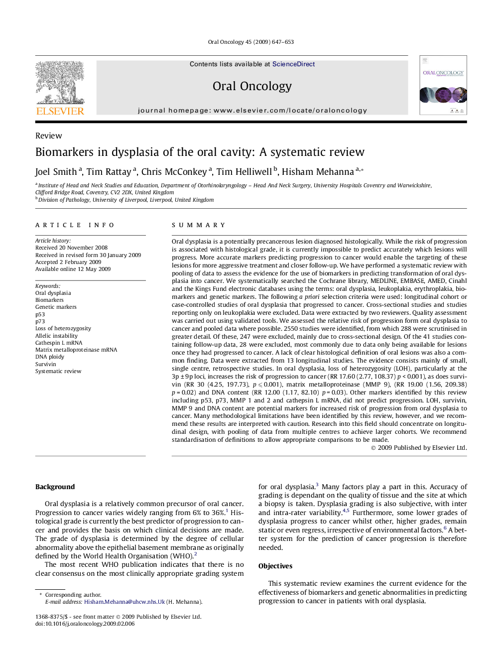 Biomarkers in dysplasia of the oral cavity: A systematic review