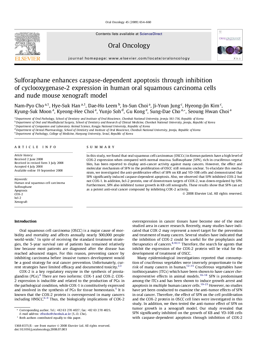 Sulforaphane enhances caspase-dependent apoptosis through inhibition of cyclooxygenase-2 expression in human oral squamous carcinoma cells and nude mouse xenograft model