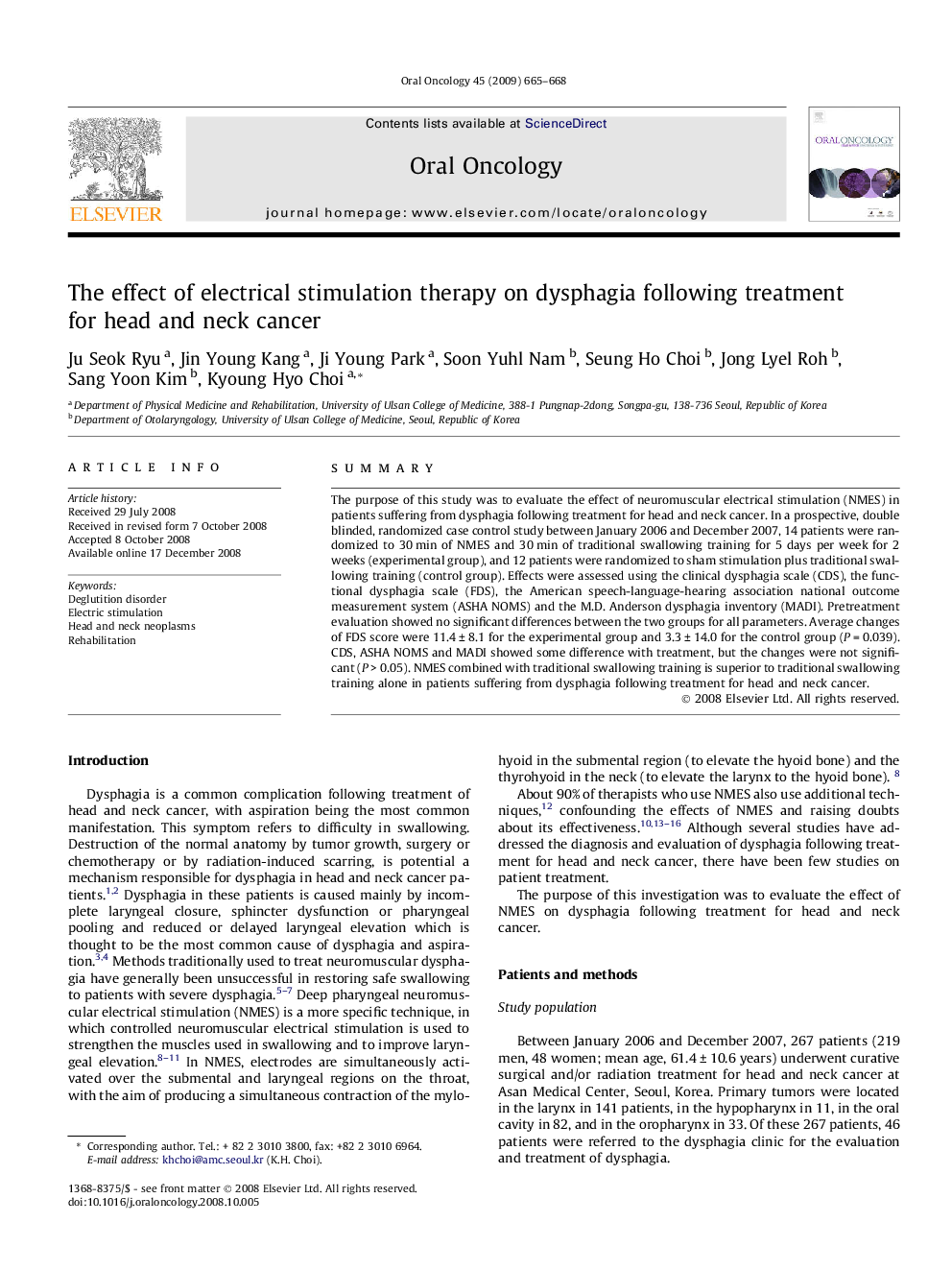 The effect of electrical stimulation therapy on dysphagia following treatment for head and neck cancer