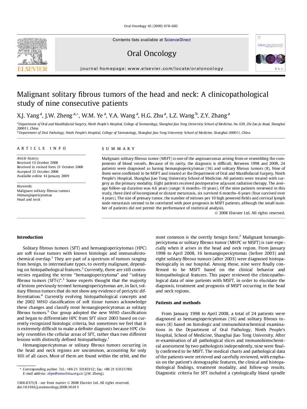 Malignant solitary fibrous tumors of the head and neck: A clinicopathological study of nine consecutive patients