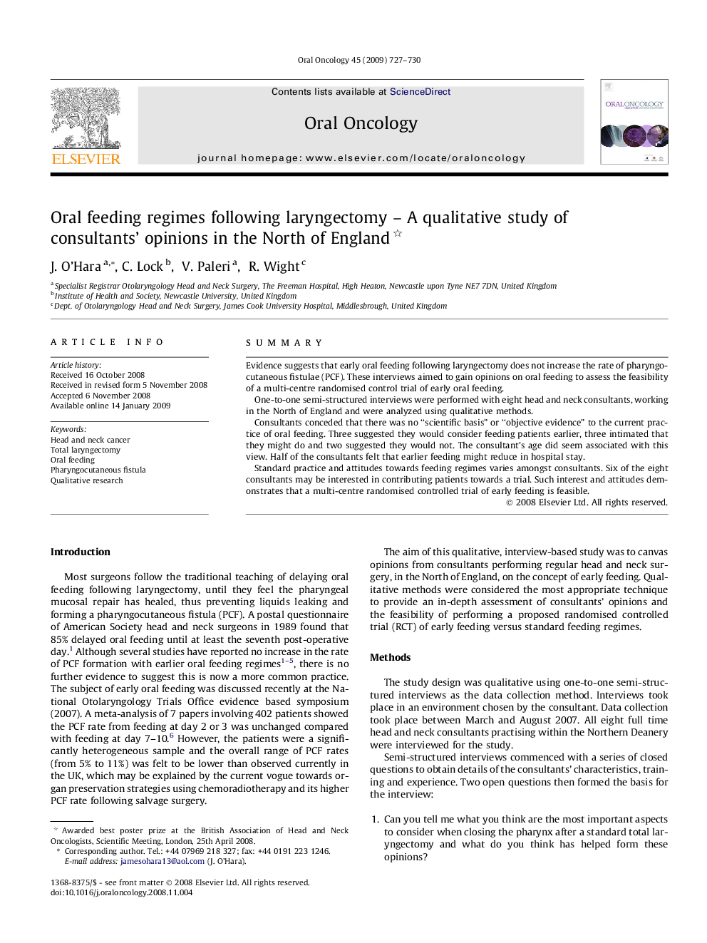 Oral feeding regimes following laryngectomy – A qualitative study of consultants’ opinions in the North of England 