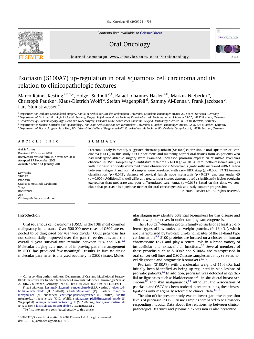 Psoriasin (S100A7) up-regulation in oral squamous cell carcinoma and its relation to clinicopathologic features