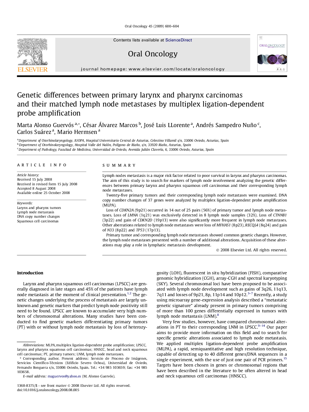 Genetic differences between primary larynx and pharynx carcinomas and their matched lymph node metastases by multiplex ligation-dependent probe amplification