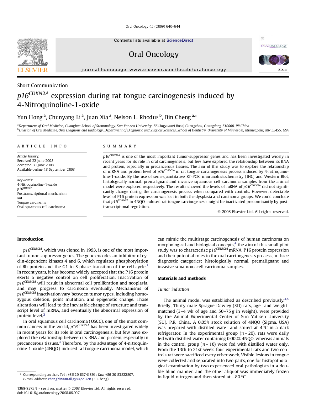 p16CDKN2A expression during rat tongue carcinogenesis induced by 4-Nitroquinoline-1-oxide