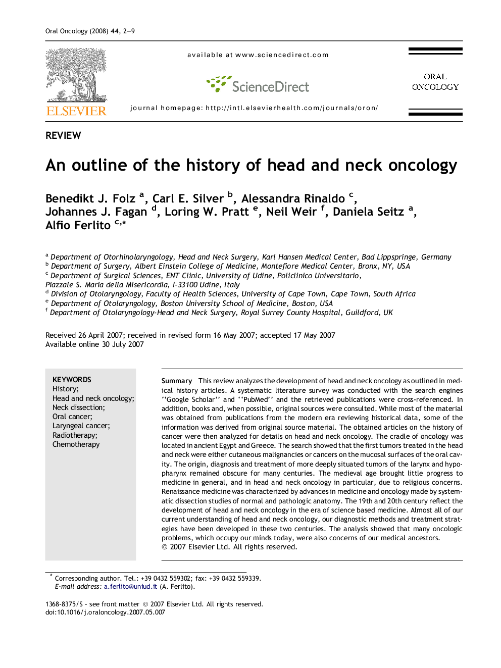 An outline of the history of head and neck oncology