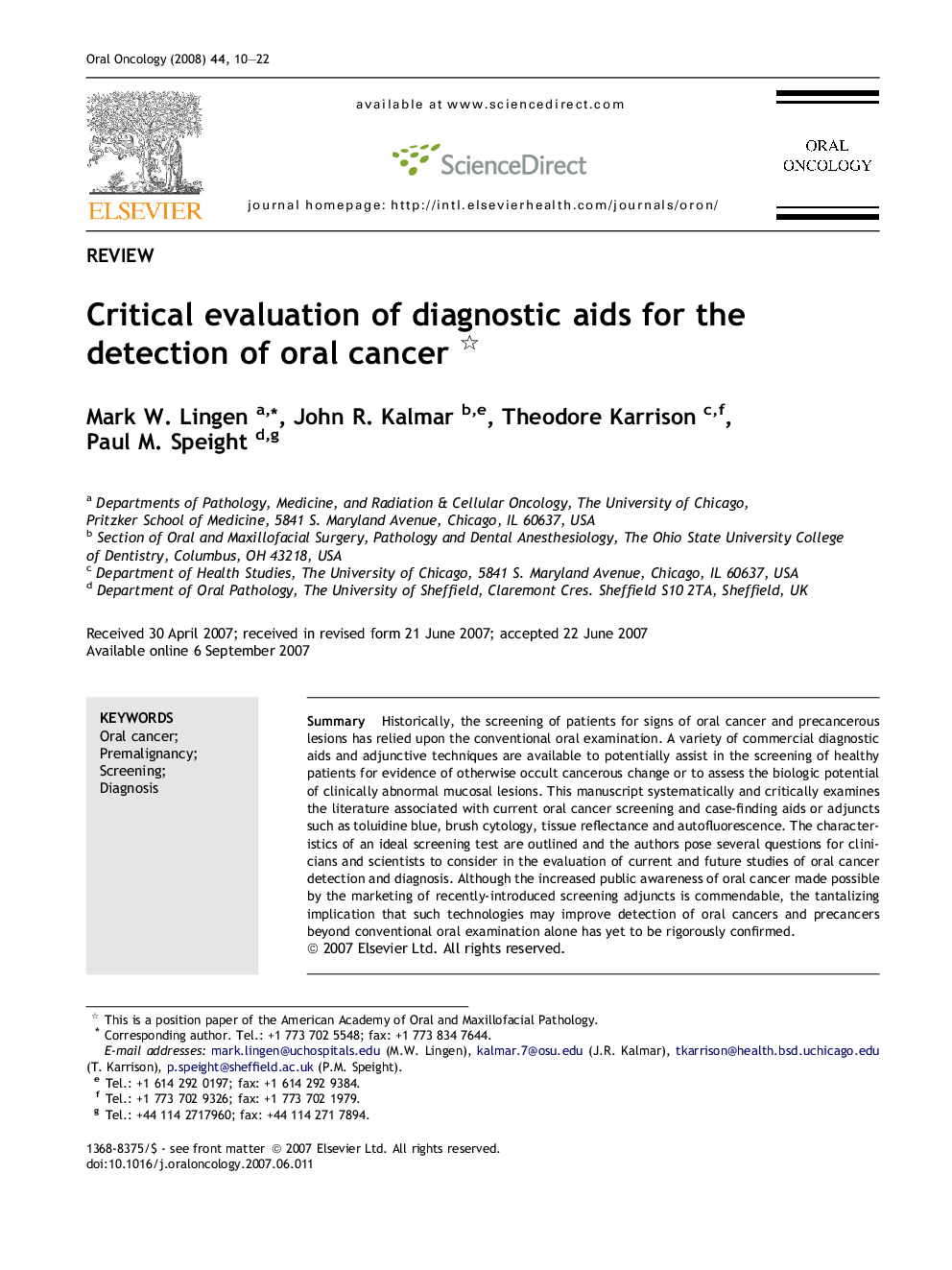 Critical evaluation of diagnostic aids for the detection of oral cancer 