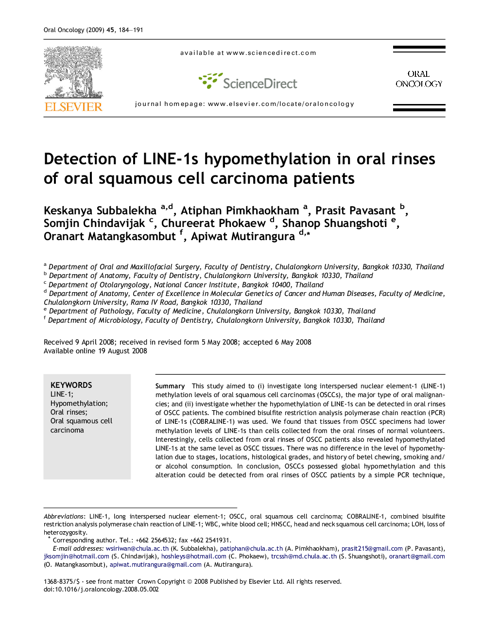 Detection of LINE-1s hypomethylation in oral rinses of oral squamous cell carcinoma patients