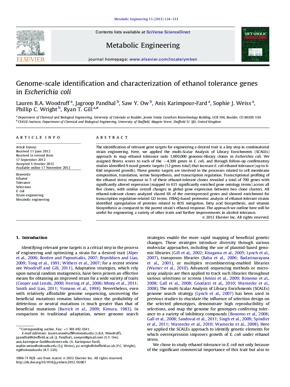 Genome-scale identification and characterization of ethanol tolerance genes in Escherichia coli