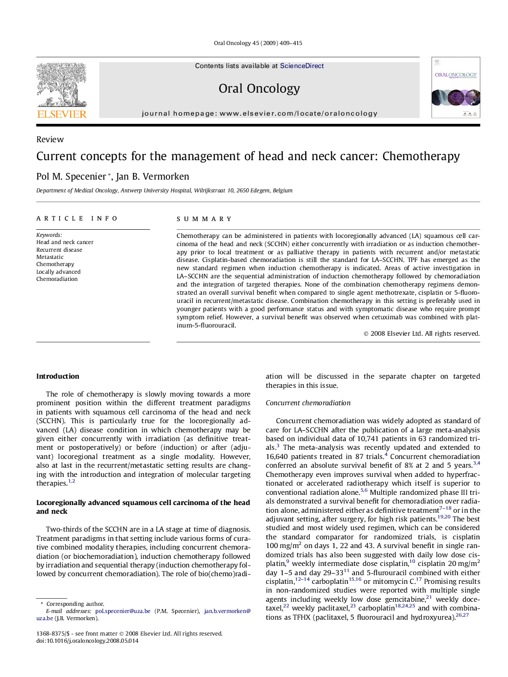 Current concepts for the management of head and neck cancer: Chemotherapy