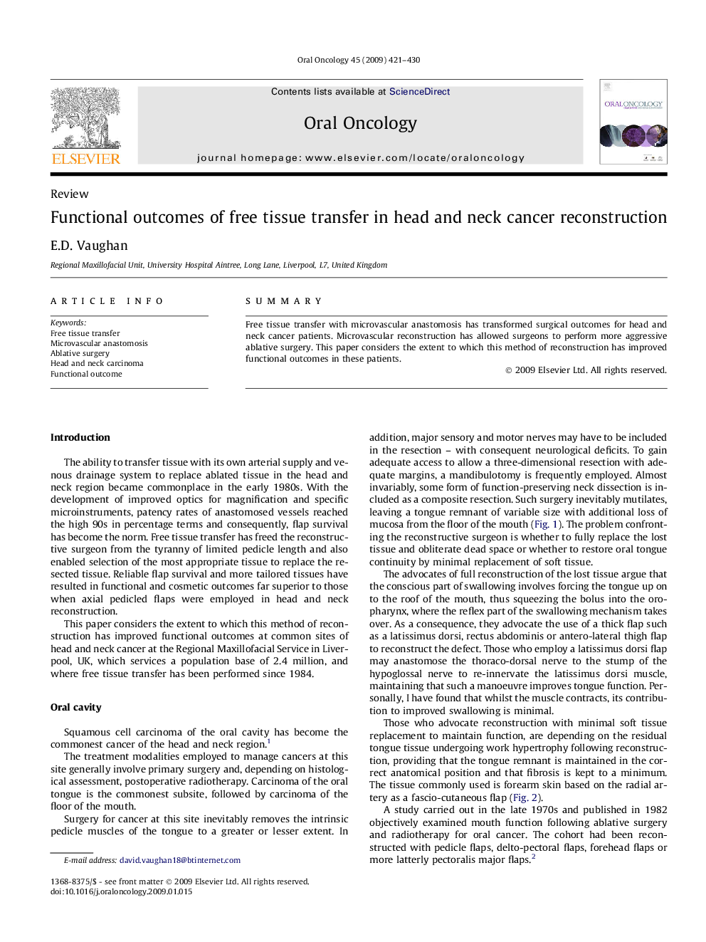 Functional outcomes of free tissue transfer in head and neck cancer reconstruction