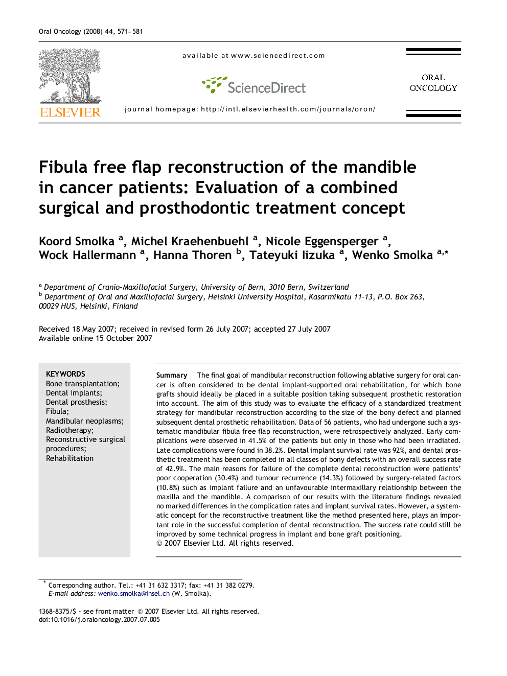 Fibula free flap reconstruction of the mandible in cancer patients: Evaluation of a combined surgical and prosthodontic treatment concept