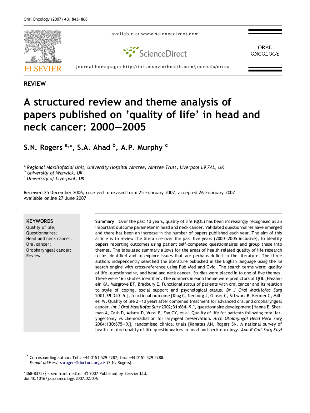 A structured review and theme analysis of papers published on ‘quality of life’ in head and neck cancer: 2000–2005