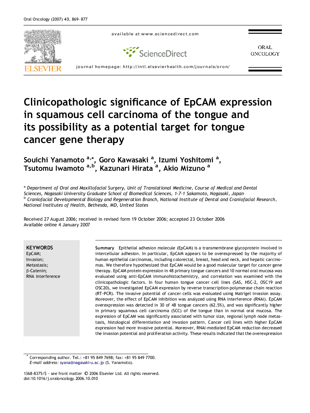 Clinicopathologic significance of EpCAM expression in squamous cell carcinoma of the tongue and its possibility as a potential target for tongue cancer gene therapy