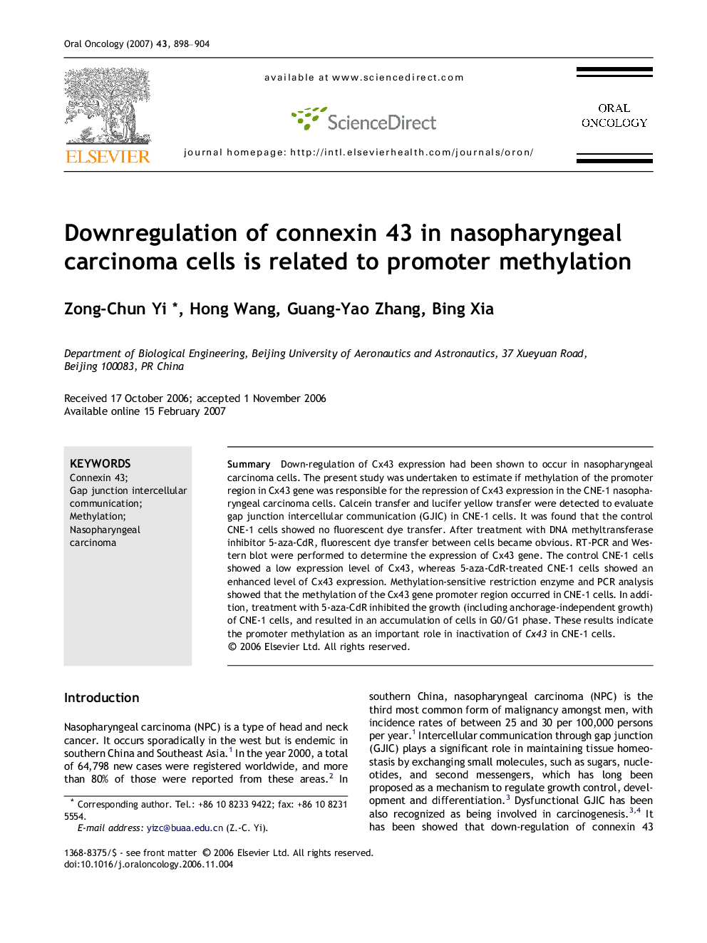 Downregulation of connexin 43 in nasopharyngeal carcinoma cells is related to promoter methylation