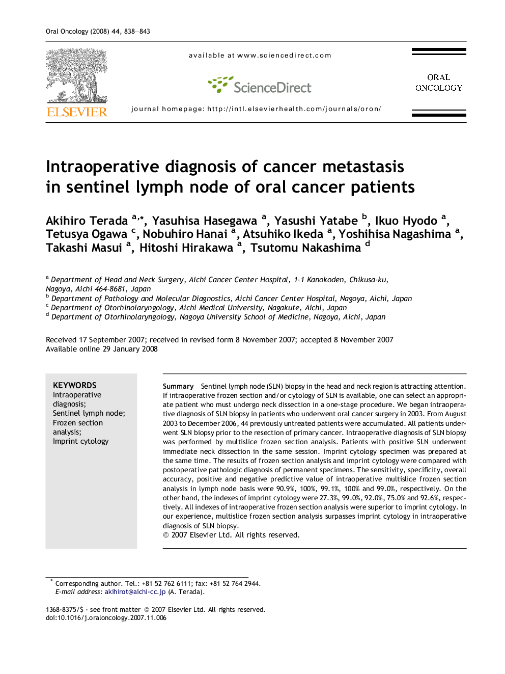 Intraoperative diagnosis of cancer metastasis in sentinel lymph node of oral cancer patients