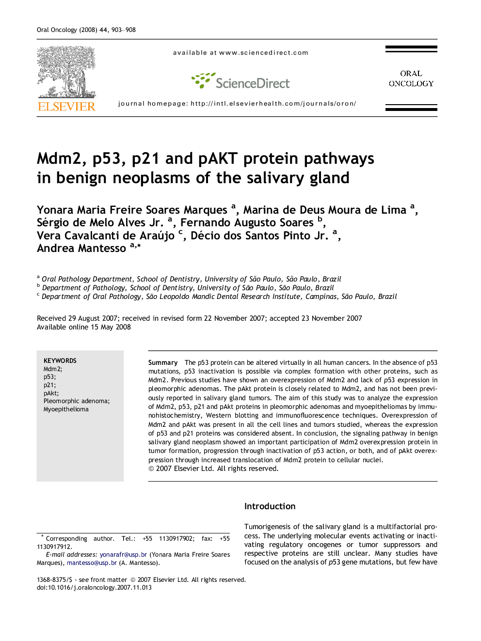 Mdm2, p53, p21 and pAKT protein pathways in benign neoplasms of the salivary gland