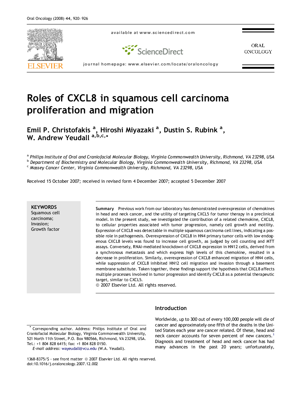 Roles of CXCL8 in squamous cell carcinoma proliferation and migration