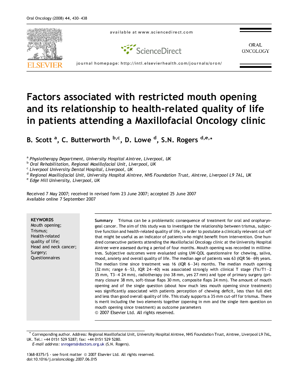 Factors associated with restricted mouth opening and its relationship to health-related quality of life in patients attending a Maxillofacial Oncology clinic