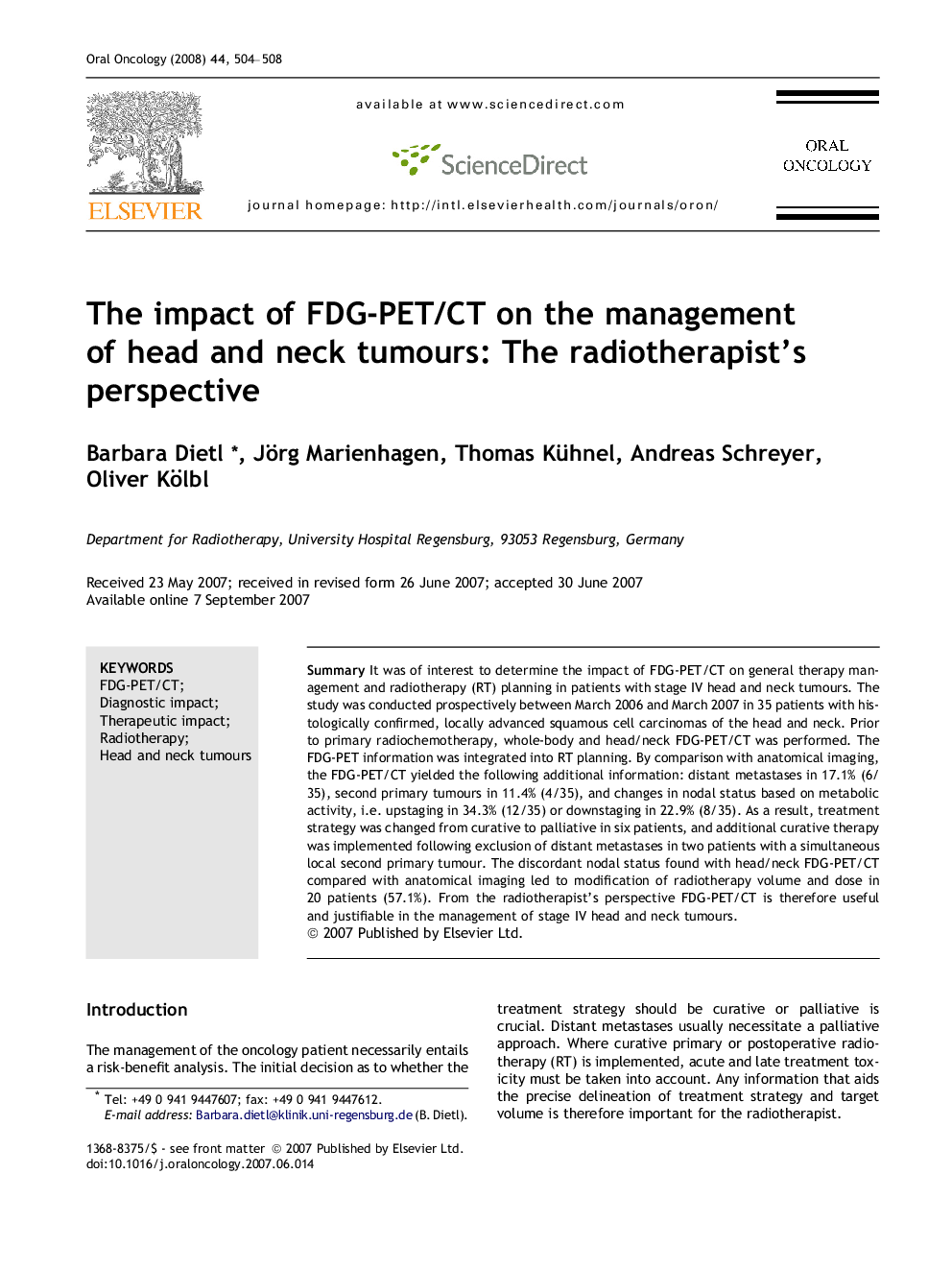 The impact of FDG-PET/CT on the management of head and neck tumours: The radiotherapist’s perspective