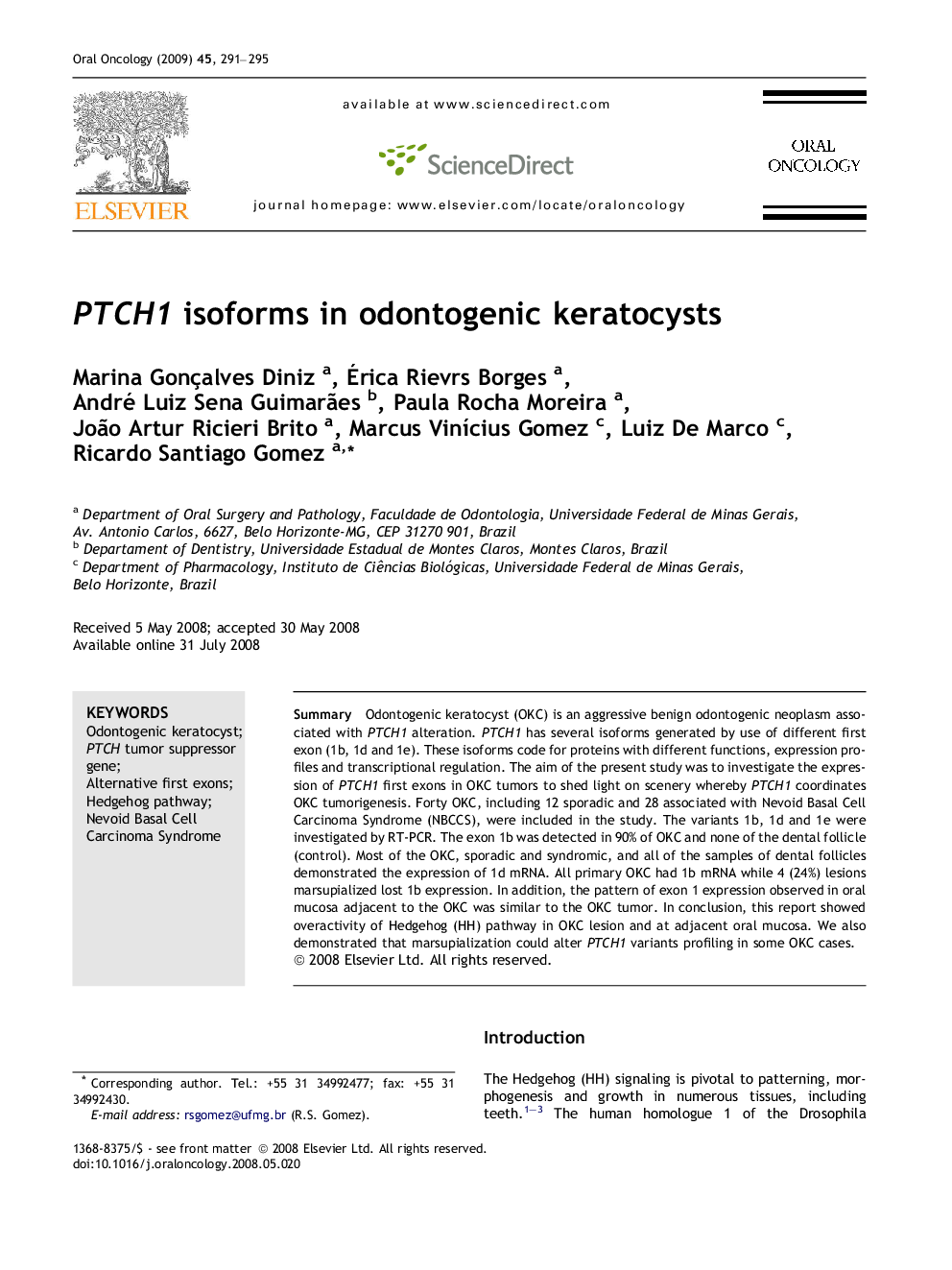 PTCH1 isoforms in odontogenic keratocysts