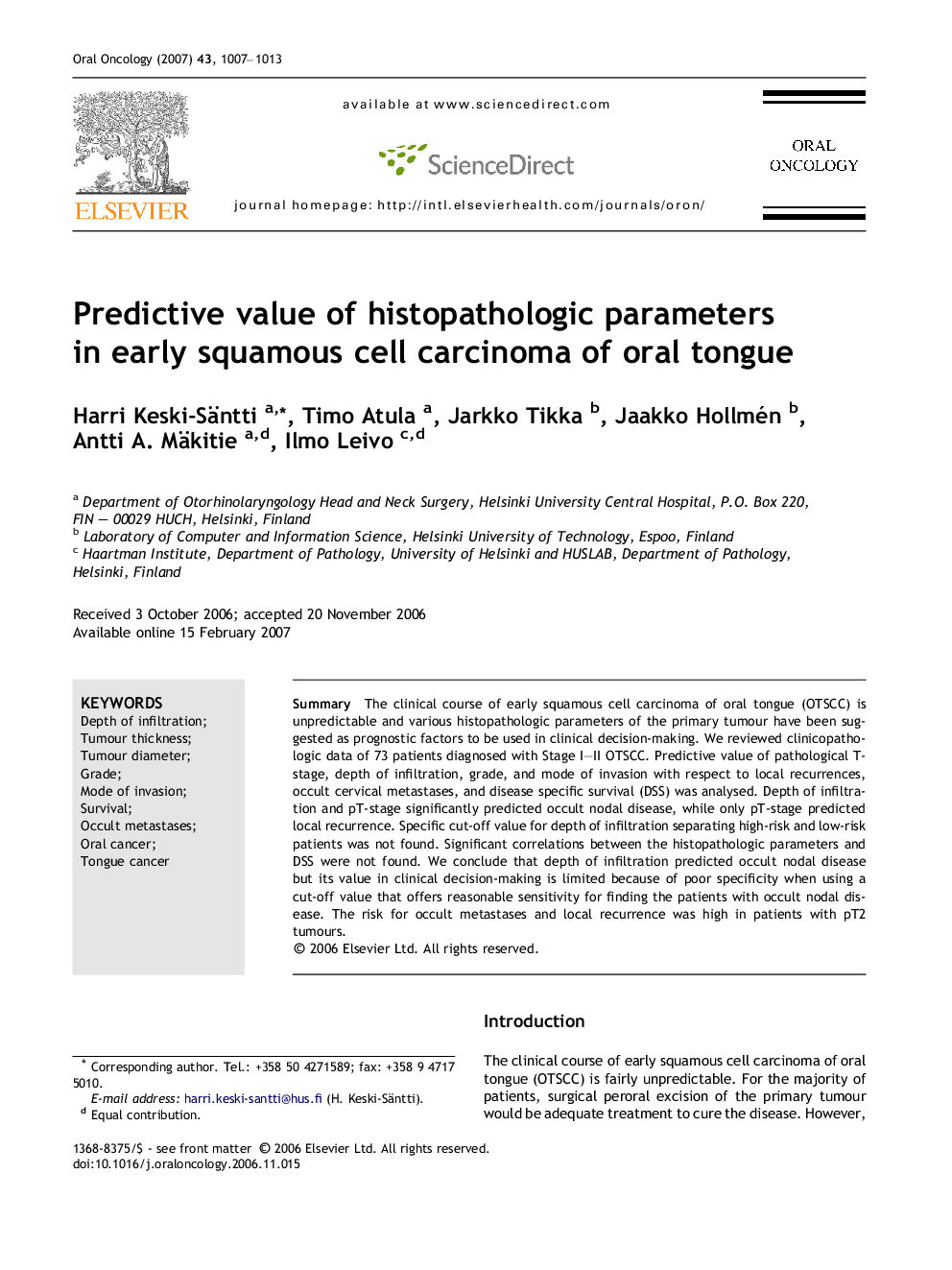 Predictive value of histopathologic parameters in early squamous cell carcinoma of oral tongue