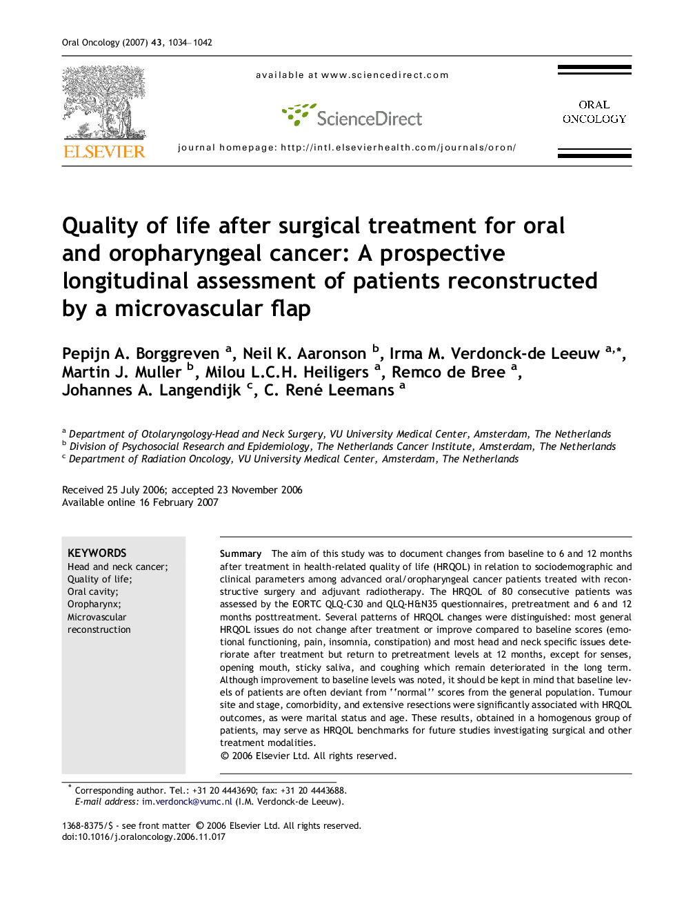عکس صفحه اول مقاله: Quality of life after surgical treatment for oral and oropharyngeal cancer: A prospective longitudinal assessment of patients reconstructed by a microvascular flap Quality of life after surgical treatment for oral and oropharyngeal cancer: A prospective longitudinal assessment of patients reconstructed by a microvascular flap