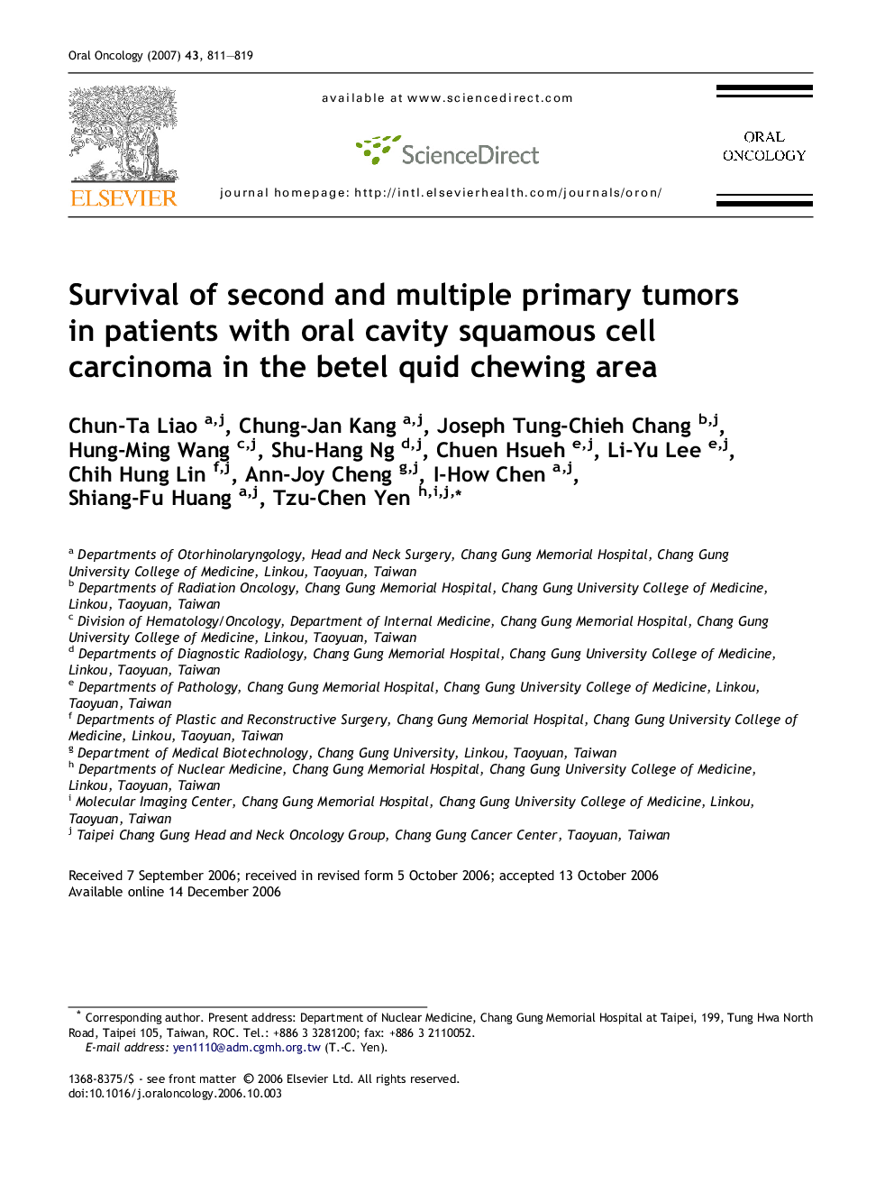 Survival of second and multiple primary tumors in patients with oral cavity squamous cell carcinoma in the betel quid chewing area