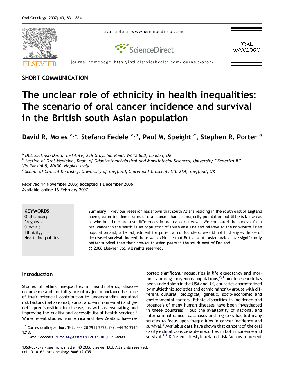 The unclear role of ethnicity in health inequalities: The scenario of oral cancer incidence and survival in the British south Asian population