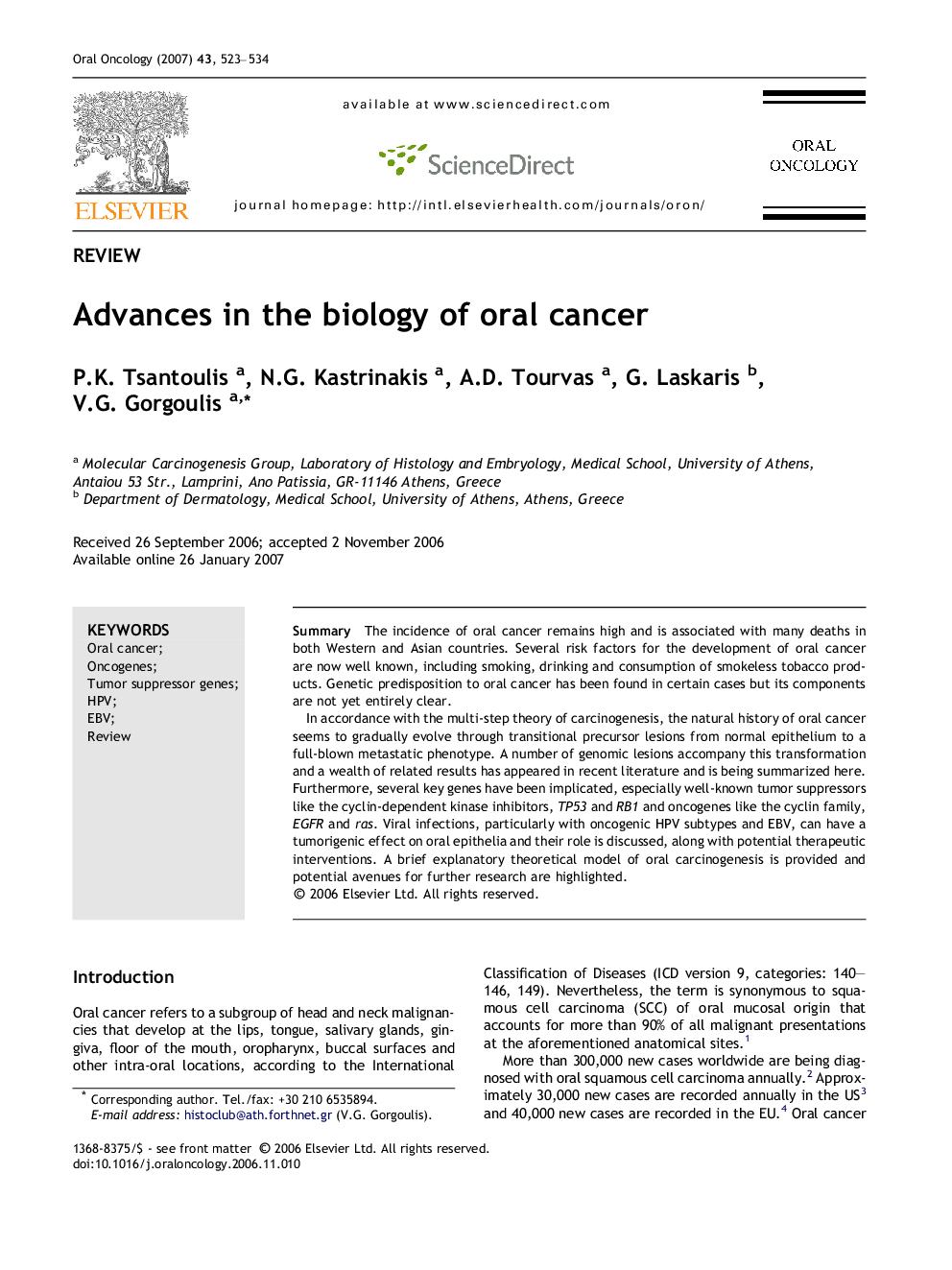 Advances in the biology of oral cancer