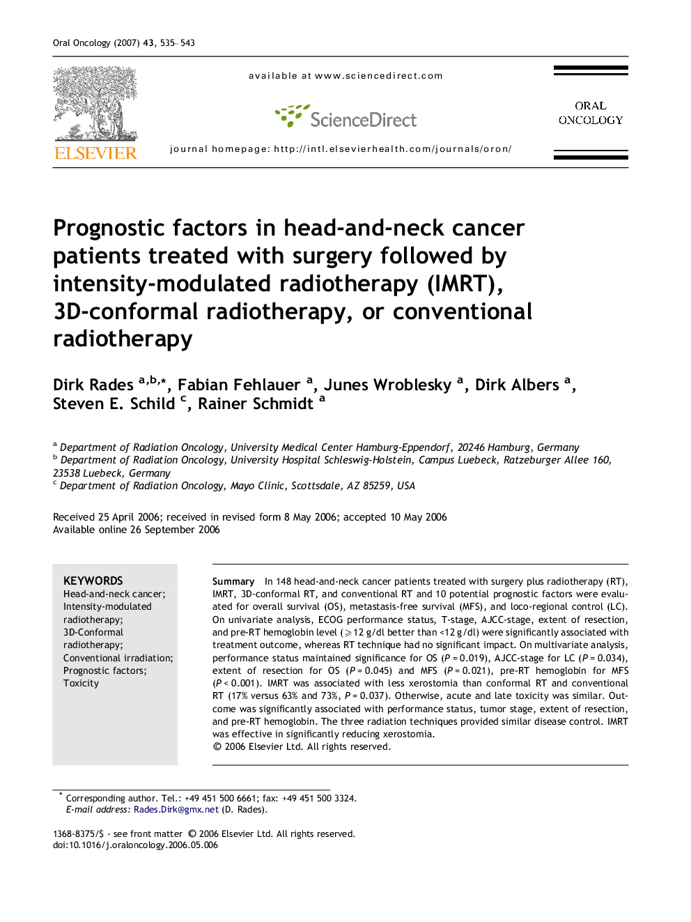 Prognostic factors in head-and-neck cancer patients treated with surgery followed by intensity-modulated radiotherapy (IMRT), 3D-conformal radiotherapy, or conventional radiotherapy