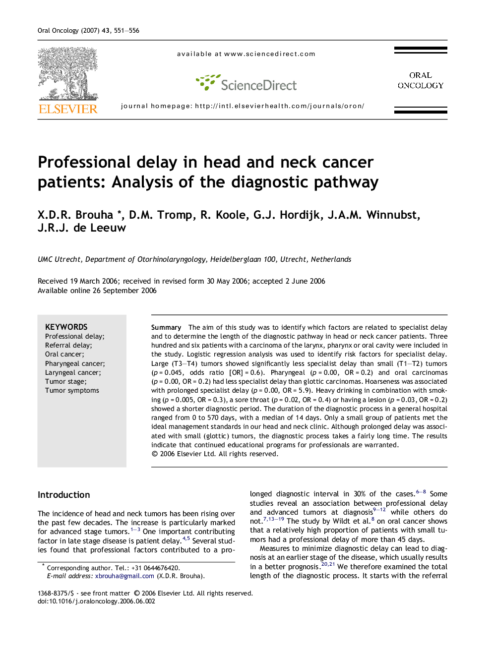 Professional delay in head and neck cancer patients: Analysis of the diagnostic pathway