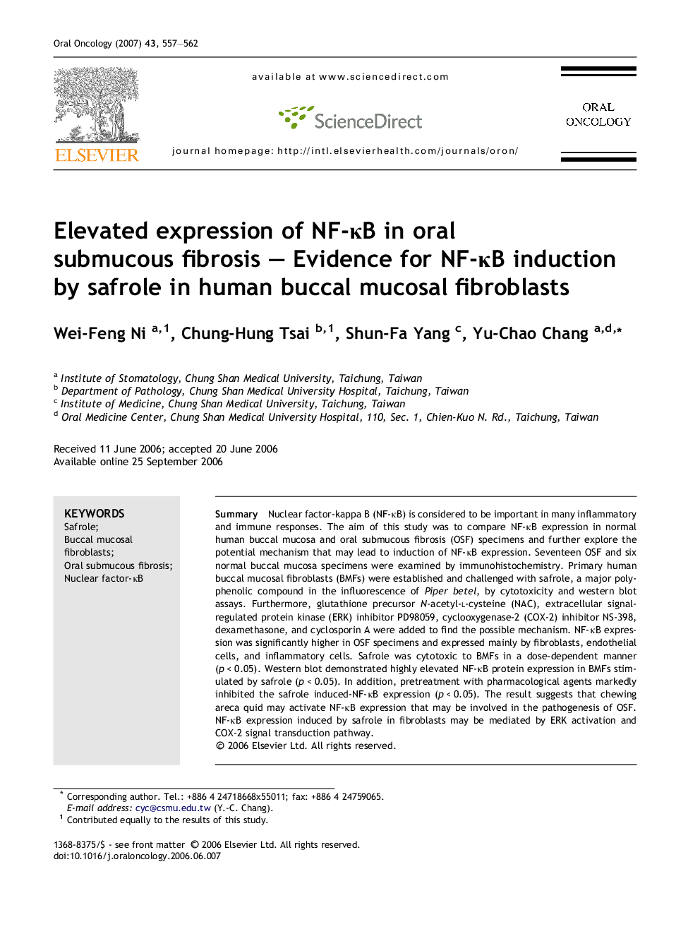 Elevated expression of NF-κB in oral submucous fibrosis – Evidence for NF-κB induction by safrole in human buccal mucosal fibroblasts