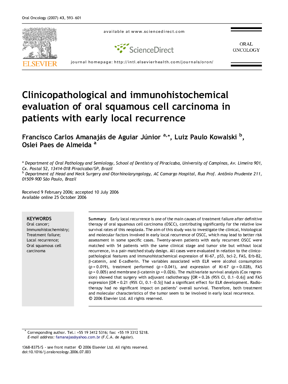 Clinicopathological and immunohistochemical evaluation of oral squamous cell carcinoma in patients with early local recurrence