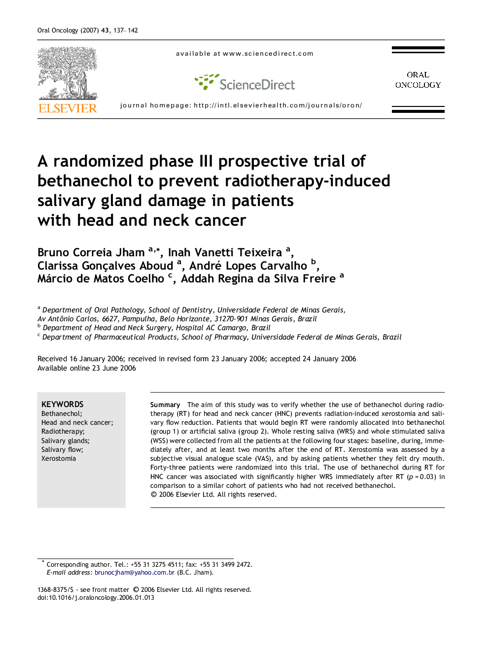 عکس صفحه اول مقاله: A randomized phase III prospective trial of bethanechol to prevent radiotherapy-induced salivary gland damage in patients with head and neck cancer A randomized phase III prospective trial of bethanechol to prevent radiotherapy-induced salivary gland damage in patients with head and neck cancer