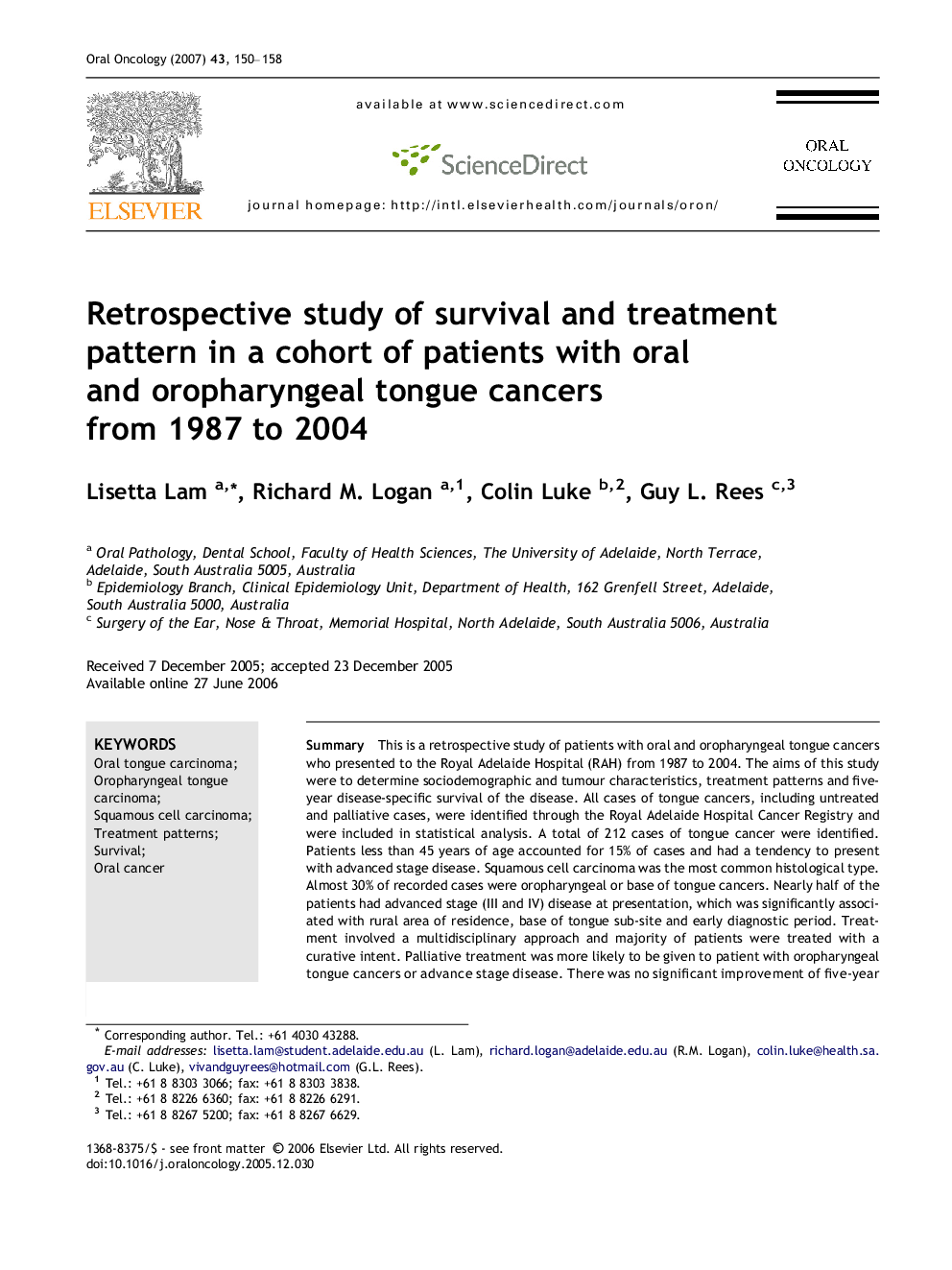 Retrospective study of survival and treatment pattern in a cohort of patients with oral and oropharyngeal tongue cancers from 1987 to 2004