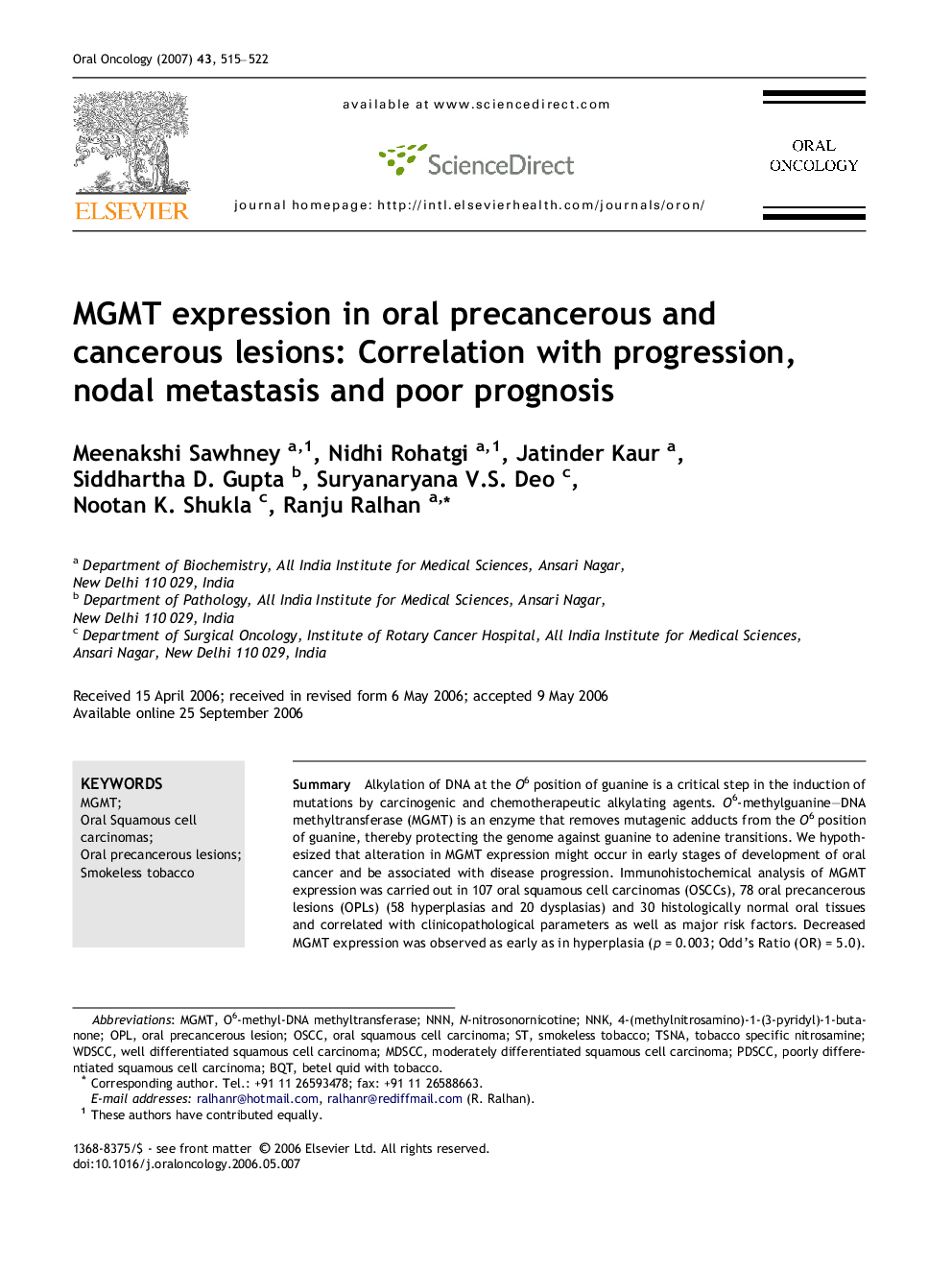 MGMT expression in oral precancerous and cancerous lesions: Correlation with progression, nodal metastasis and poor prognosis