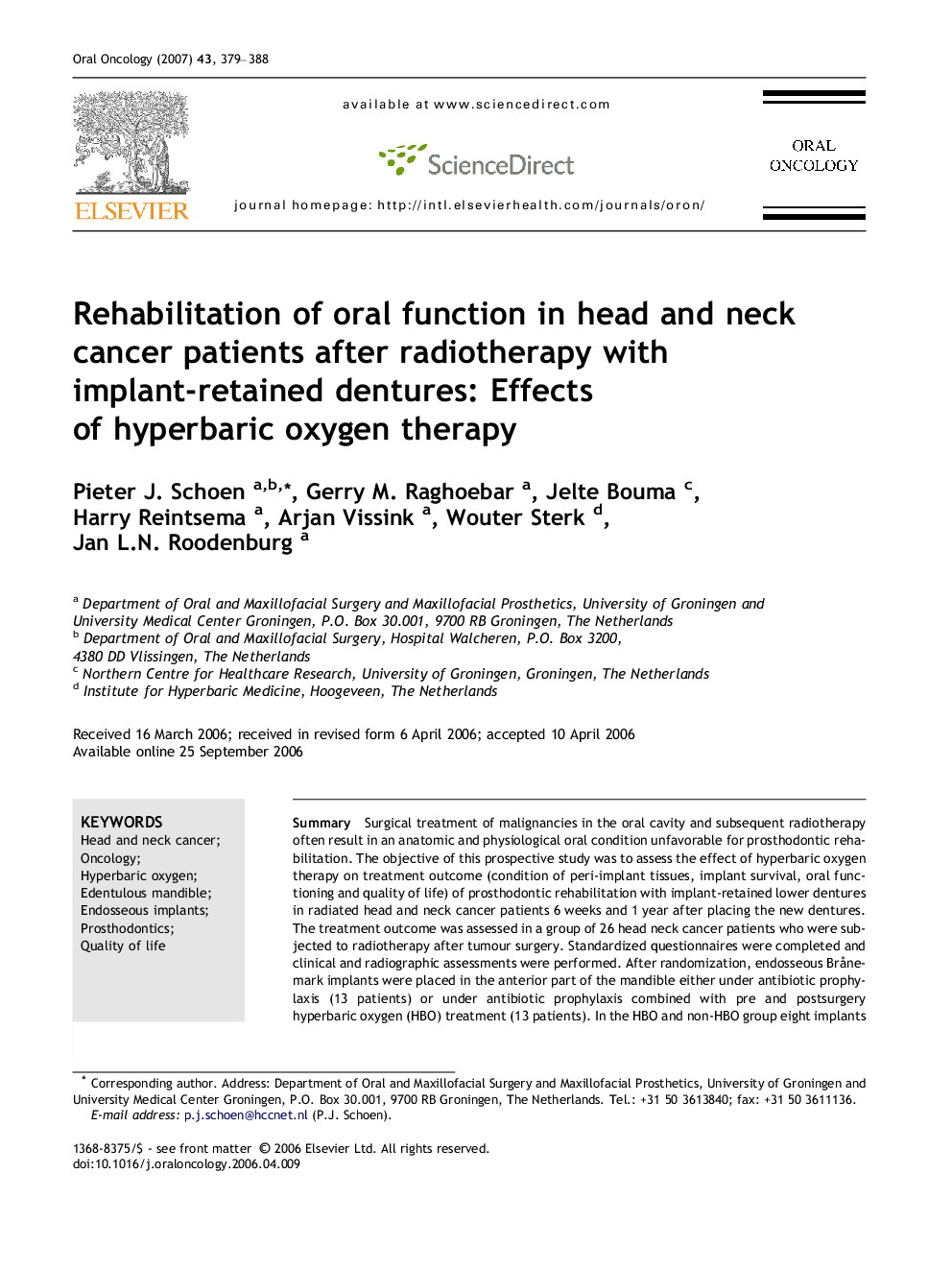 Rehabilitation of oral function in head and neck cancer patients after radiotherapy with implant-retained dentures: Effects of hyperbaric oxygen therapy