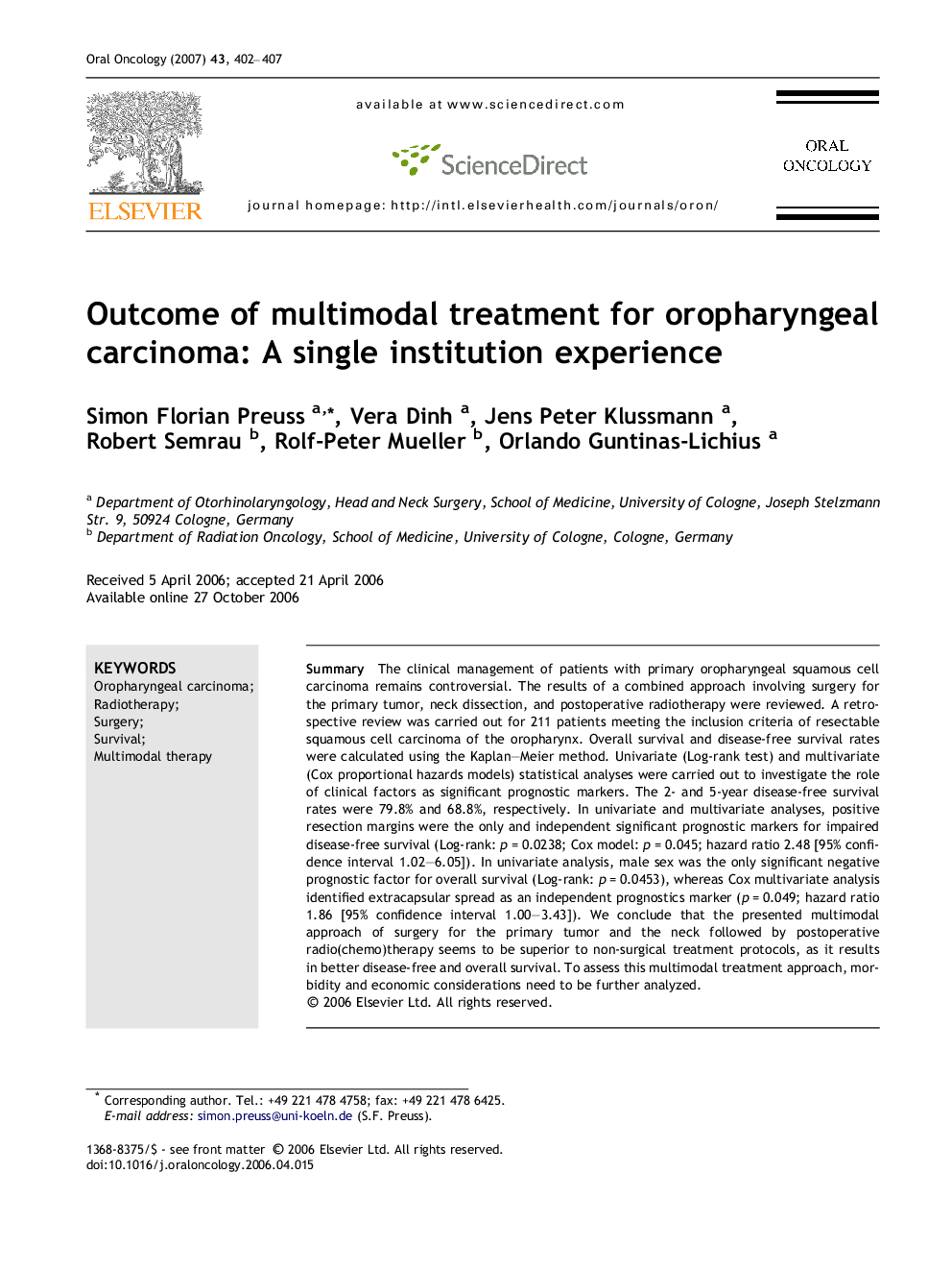 Outcome of multimodal treatment for oropharyngeal carcinoma: A single institution experience