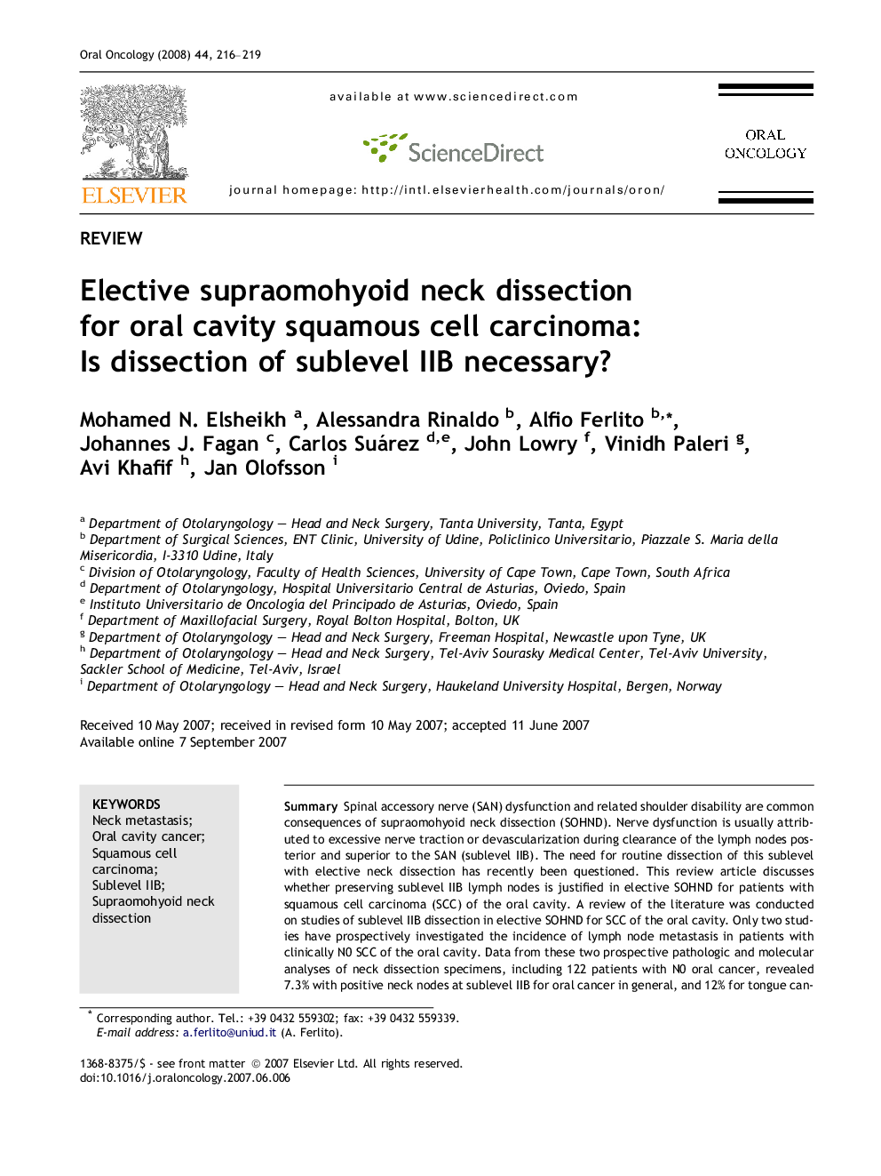 Elective supraomohyoid neck dissection for oral cavity squamous cell carcinoma: Is dissection of sublevel IIB necessary?