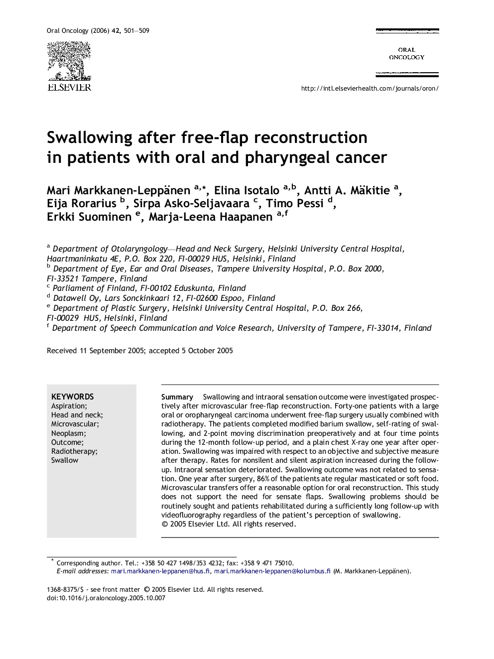 Swallowing after free-flap reconstruction in patients with oral and pharyngeal cancer